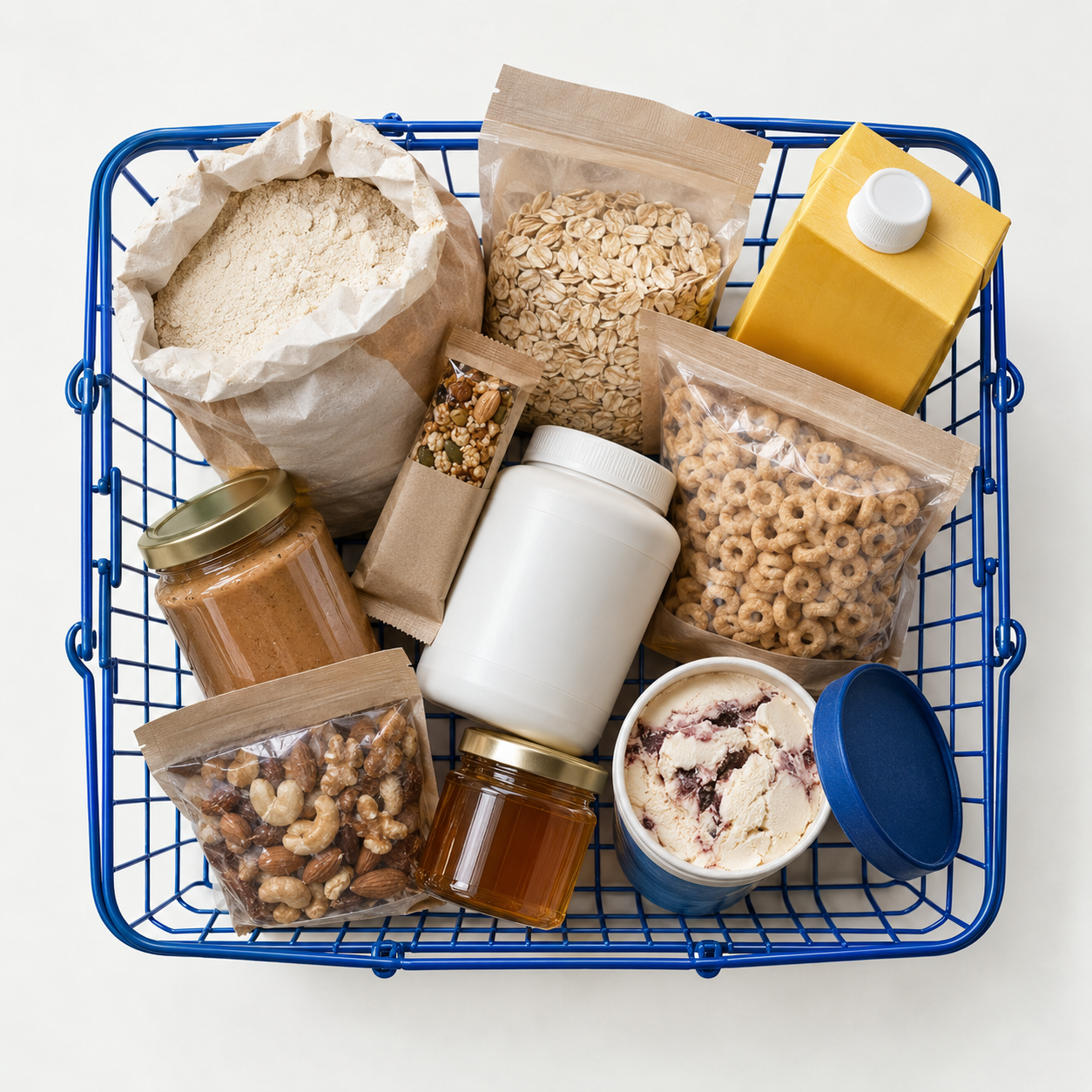 A blue basket filled with food products